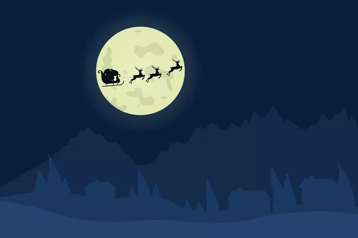 illustration of dark sky and Santa Claus and reindeer flying across a full moon - holidays and recovery