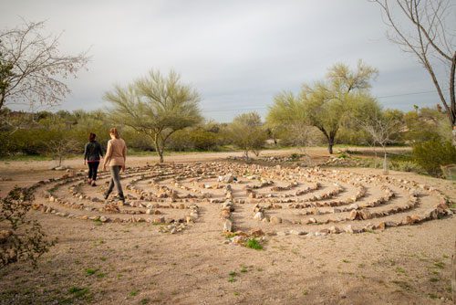 two women walking the Cottonwood labyrinth - Cottonwood Tucson - behavioral health treatment in Arizona