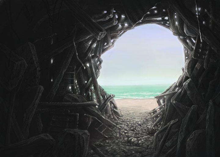 illustration of dark cave looking out of entrance shaped as human head, onto a beach - EMDR therapy