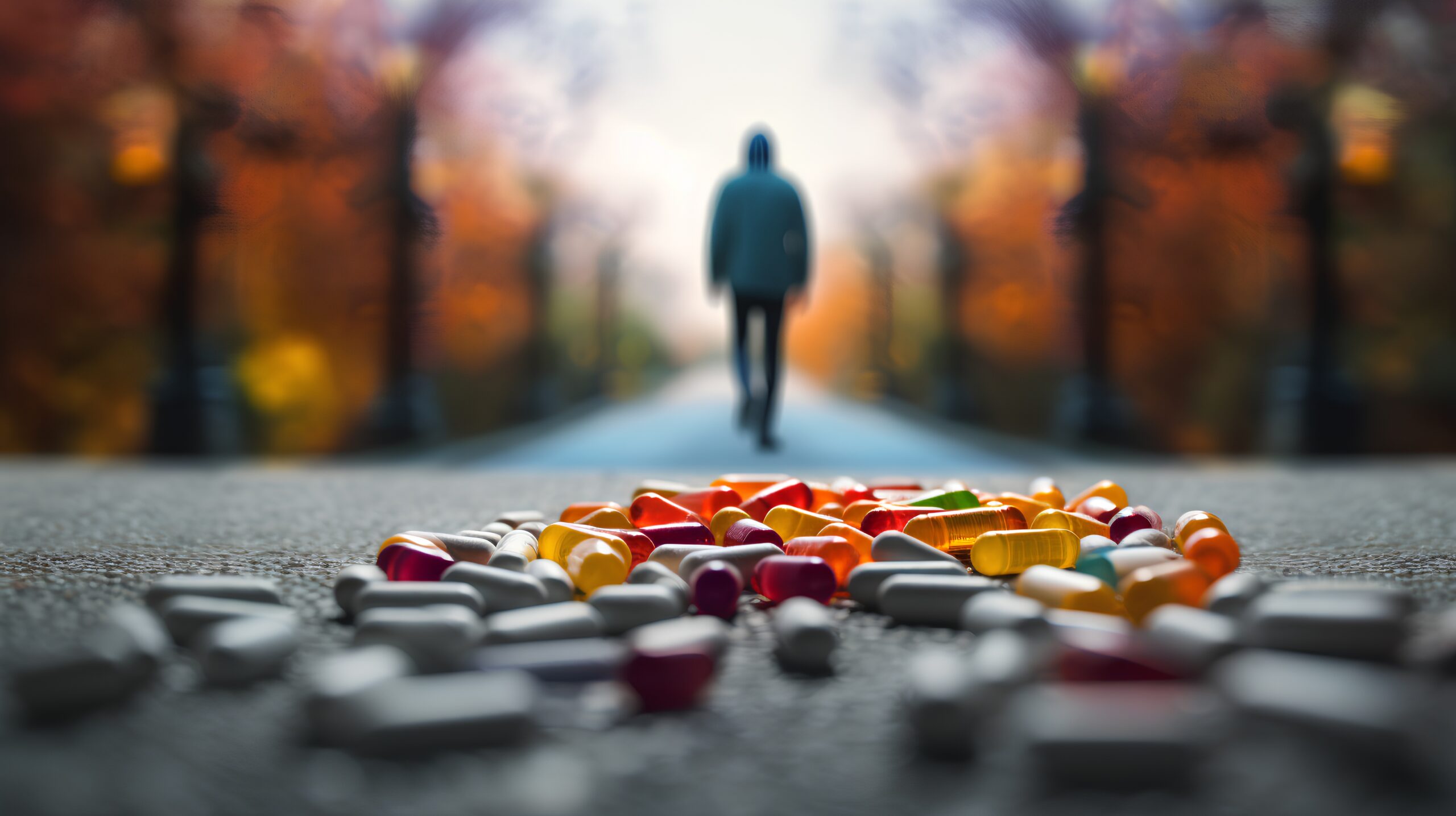 man overcoming drug addiction walking away from pills